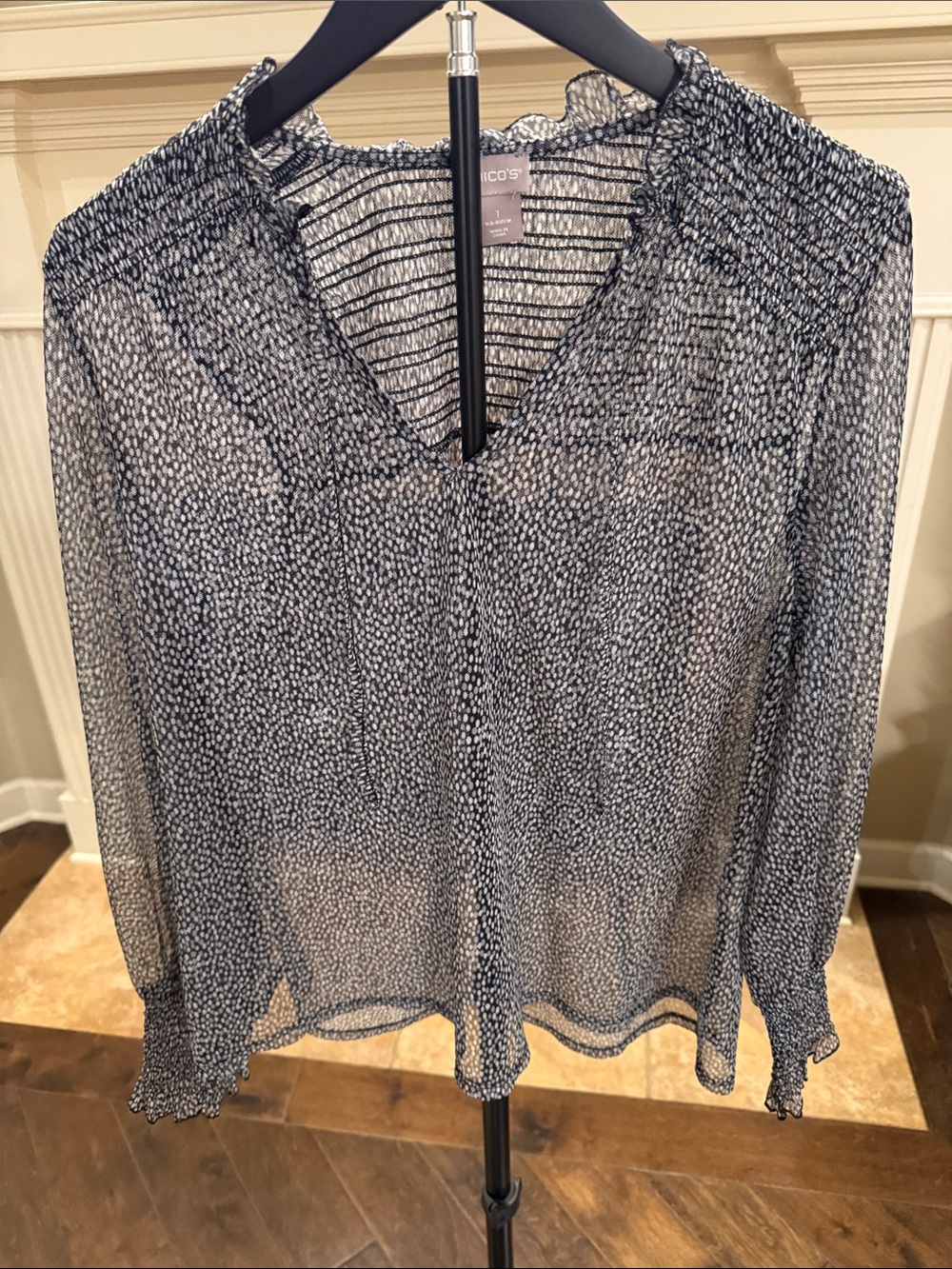 Chico's Navy and White Sheer V‑Neck Ruffle Blouse